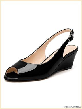 Peep Toe Wedge Pumps Slingback Open Toe Low Heel Dress Shoes 2 Inch Patent
